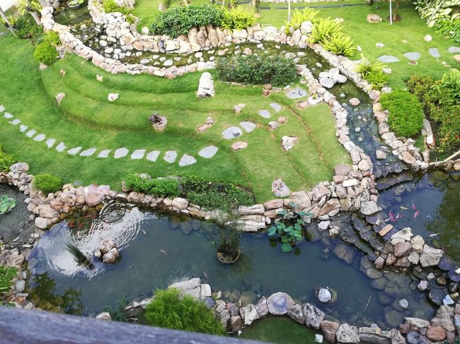 ここ、どこをどこを歩いていたのか解らないけど、下を見たら緑があり、池もあり、ちょっとした滝もあり、鯉も泳いでいる。<br /><br />ほんと、変な造りをした建物なんですよ。<br /><br />なかなかお部屋への道が覚えられない（＞＜）