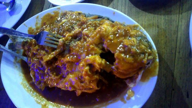 連続して魚料理もきました。2人でつつき合います。おお！これまた絶品です。クセのないふっくらおいしい白身魚。ピリ辛サンバルソースがよく合います。