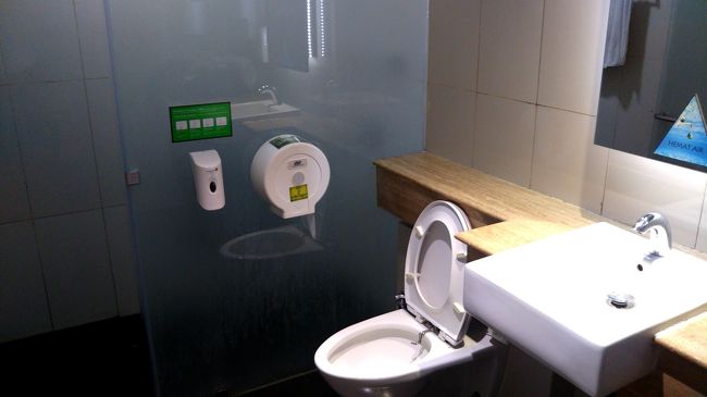 さて、１日観光していたので全身汗だらけ。この空港が素晴らしいところは、何とコントロール・エリア内に無料のシャワーがあること。ヒャッホーーー！！夜行便は大抵ムズムズする身体での搭乗ですが、今日は違います！広々とした個室内のトイレの奥にシャワーがあります。