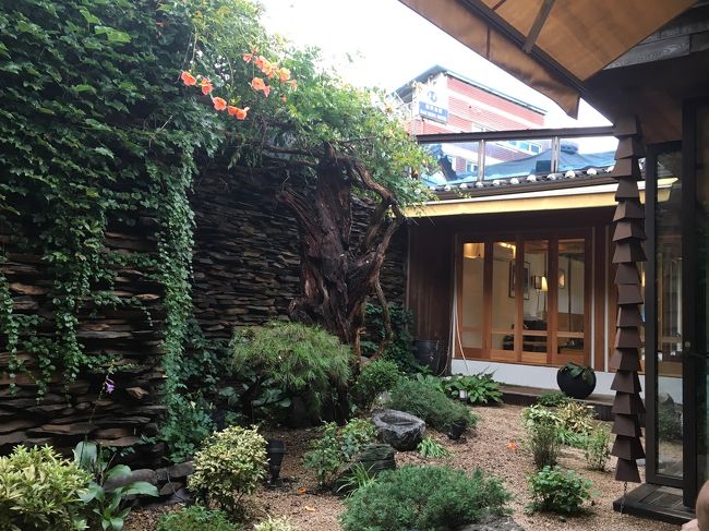 中庭も素敵。<br />奥には床に座るスタイルの席も見えました。