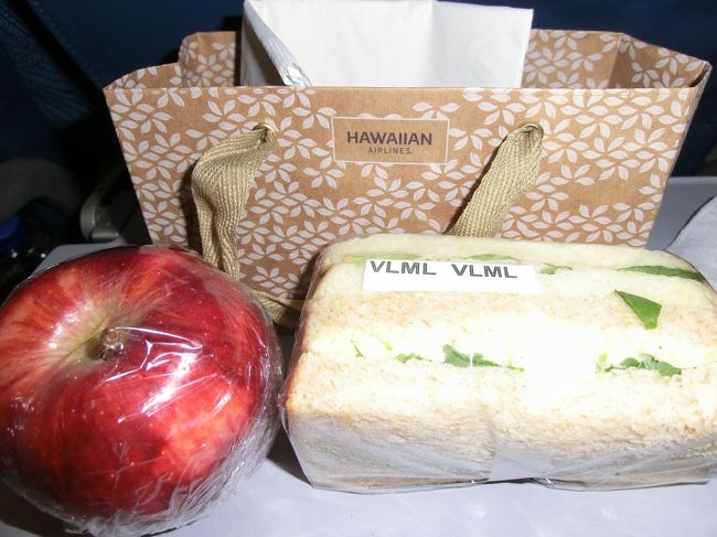 到着前はサンドイッチと　リンゴ。<br /><br />リンゴ？！まるごと一個。かじりつけと？