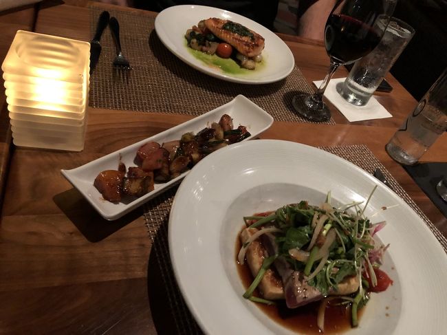 奥がサーモン手前がアヒステーキ。どちらもヤミー。<br />久々に友人とも会えて食事も景色も良く最高の夜でした。