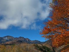 紅葉の八ヶ岳を背景に橋の赤い色が映え、人気の場所で観光客いっぱい。