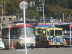 駅前に停まっているバス
トレーラーバス青春号(武蔵五日市駅－つるつる温泉／西東京バス五日市営業所)は日本で唯一のトレーラーバスとのこと