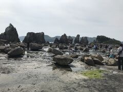 柔らかい泥岩の層あいだにマグマが入り込み冷えて固まってできたもので、大きな岩が転がっているのは江戸時代の地震による大津波で転がされたものだそうです。右手に見える緑の弁天島まで歩いてみました。