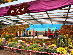 毎年11月1日から11月24日まで新潟県菊花連合による奉納菊花展が行われます。
毎年恒例の「大風景花壇」は、即位礼正殿の儀がモチーフ。