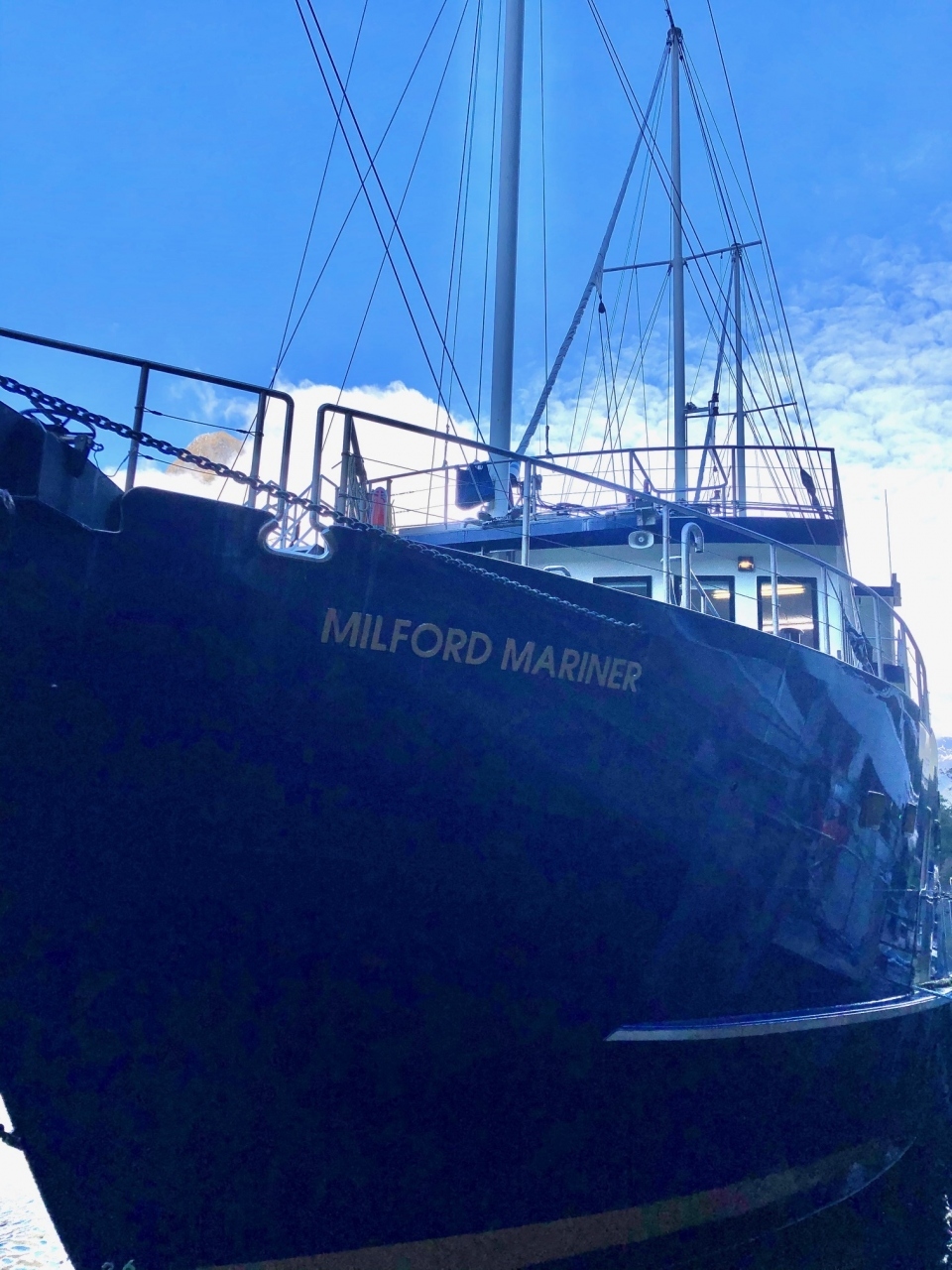 写真は、ミルフォード・マリナー号です。
このクルーズ船でミルフォード・サウンドで船中1泊の体験をしました。
この1泊クルーズは事前予約が必要です。
私たちは、クイーンズタウン旅行のプランを立て始めた10ケ月ほど前に現地のRealJourneys社という旅行会社を通じてネット予約しました。
NZ$510/1人です。二人で7万円ほどです。
11/6（水）の午後4時半に出帆し、翌朝の9時頃に戻ります。
代金には船上のディナー代は含まれていますが、ワインなどの飲み物は現金払いとなります。カードは使えません。

まずは、クイーンズタウンのホテルをレンタカーで出発です。GoogleMapによると、300キロ弱の道のりで休憩なしのドライブで3時間39分と表示されます。朝食を済ませて、ほどなく出発し観光しながら目的地を目指しました。

ここでアドバイスします。
現地で車を運転する際は、ナビゲーションが必要です。スマホのナビが使えると大変便利なのは言うまでもありません。
おすすめは、maps.meというアプリです。特徴は地図データを予めスマホ本体にダウンロードして使用できるところです。出発前にWiFi環境のあるうちに地図データをダウンロードしておけば、現地でネット環境がなくてもナビとして利用できます。ロータリー交差点の出口まで支持してくれるたいへん賢いものです。しかも無料で利用できるのは助かります。
加えて、GoogleMapにも、「オフラインマップ」という機能があり、予め地図データをダウンロードして利用できることを最近知りました。今回は、その機能も使ってみましたが、全くそん色なく利用できることがわかりました。