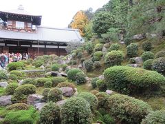 日本で最初に国師と称された聖一国師を祀る開山堂。
楼閣がそびえています。
開山堂手前には、江戸時代中期に造園された、斜面に苔と石、低木が美しく配置された庭園が広がっていました。開山堂までは色づいた紅葉の絶景を見てきただけに、一面緑の庭園が新鮮に感じられました。
