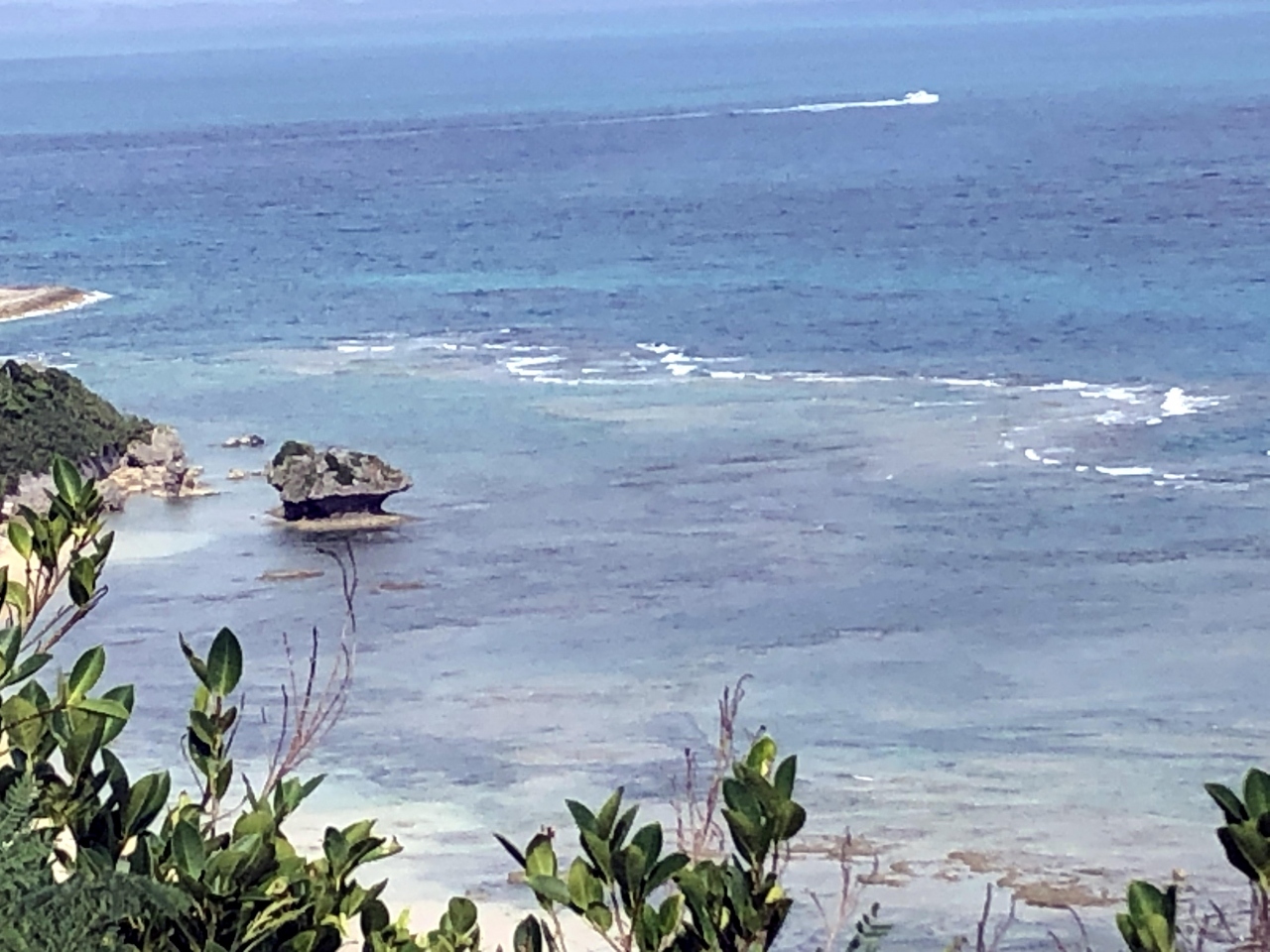 岬からは、きのこ岩も見ることができました。

沖合2ｷﾛ程に浮かぶｺﾏｶ島は、美しい白い砂浜に囲まれた周囲800メートルの無人島で、透明度が高く、沖縄でも有数の美しさらしいです。