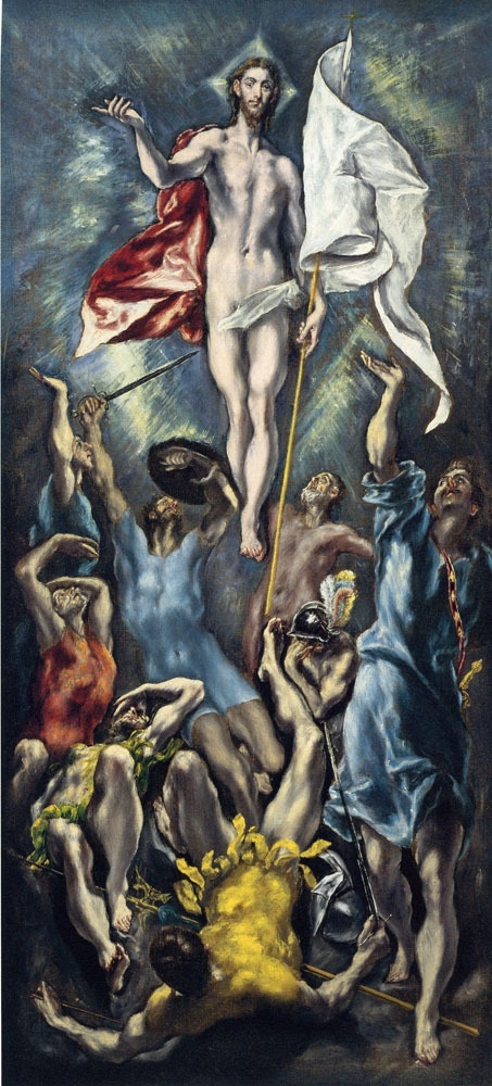 グレコ1600　〇2013《キリストの復活》セントルイスのワシントン大学ケンパー美術館所蔵<br />＃2013年「エル・グレコ大回顧展」（都美術館）で来日<br />＃2012年マドリッド旅行時に、プラド美術館を訪問した　<br />＊浮上するキリストを中心とした螺旋状の渦巻のような構図が特色。浮上するキリストは天に向かい、倒れ兵士は地への方向に向かい、この緊張関係を絶妙の画面構成力でまとめています。<br />＊キリストが手に持っている白い旗は、死に対する勝利を象徴しています。