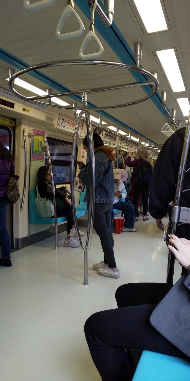 車両内　丸い輪に捕まるようになっています<br />椅子はプラスチックでつるっとしたタイプ