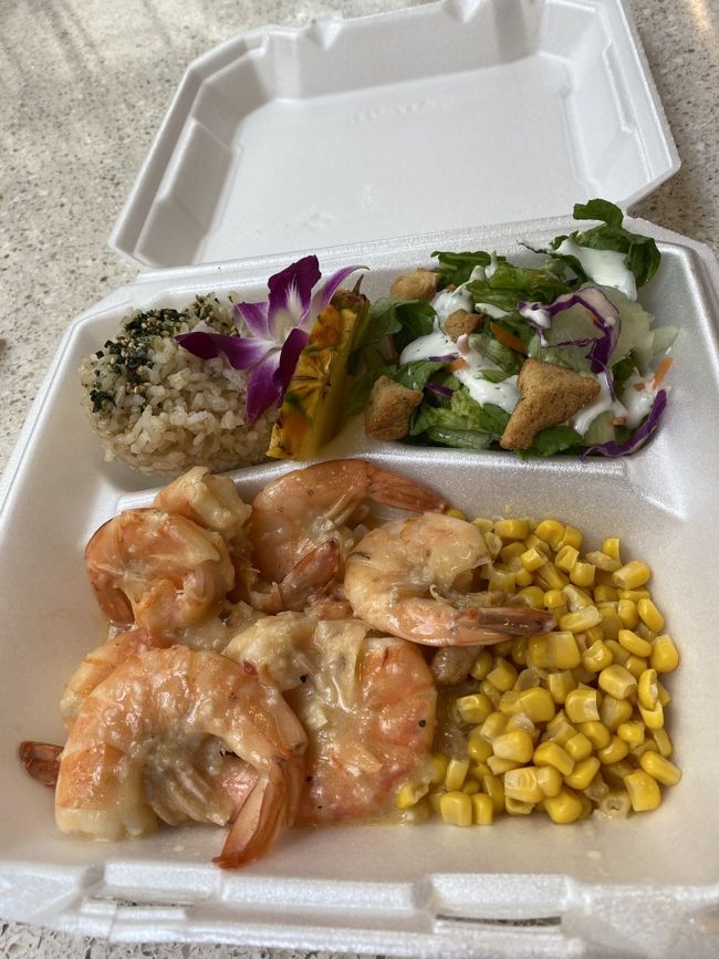 フードコートでガーリックシュリンプです。殻を巻くのも面倒なくらい疲れてました。夕方まで長い！