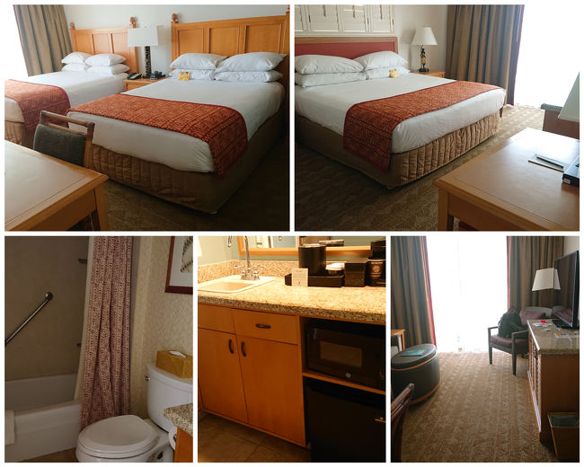 無料でアップグレードしてくれると言うことで、眺望を期待してワクワクしてお部屋に行くとなんと、コネクティングルームではありませんか。友人がこられなくなったのに、１人で２ベッドルーム+リビングの3部屋。<br />小さな冷蔵庫と電子レンジ、湯沸かしポットがありました。<br />初日は小さな物音にもビクビクして自分がいかに小心者かと思い知りました。