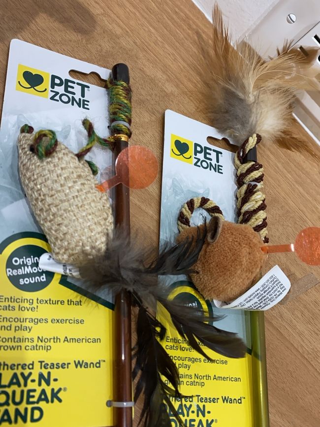 Walmartで猫のおもちゃを買いました。<br />降るとチューチュー音が出ます。<br />日本で買うと1つ千円くらい。<br />こちらは2つで千円しないくらい。<br />逆輸入決定です。