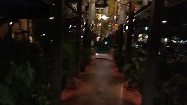 夕方、ホテルを出て、夕食を兼ねて、ピン川の方に散歩に行きます。<br />普段もそうなのか、イーペイ祭のせいなのか、通りは結構にぎやかでした。<br /><br />ピン川に係る橋まで行き、戻ります。<br />橋からの戻り、右のバーレストラン？に行こうか、「リバーマーケット」に行こうか考えましたが、ちょうど右の方は、準備中でした。<br /><br />右の方は、若者向きと考えていたので、ちょうど良かったです。<br /><br />レストランの入り口に行くと、誰もいません。<br />右に行くと、トイレです。<br />勝手に真っ直ぐ行きます。無駄に長い通路（上記写真、20ｍ位ですけど）を進みます。左右に庭？があり、良い雰囲気です。<br /><br />レジの所に行って、「2名,OK」的なことを聞くと、良いみたいです。<br />「リバーサイド」とリクエストすると、予約されているらしく、ダメとの事、<br /><br />それでも、カウンターの隣の、「ほぼ、窓際」の4人用のテーブル席に案内されました。川沿いの、庭への出入り口が近く、十分OKです。