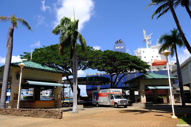 さっきの売店とヤシの木の隙間から巨大貨物船。