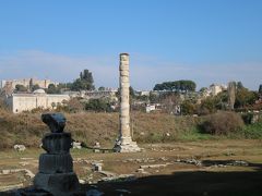 エフェソス遺跡の前に
アルテミス神殿跡へ
紀元前7世紀～6世紀ごろに建設されたそうで
今は柱一本だけど、昔は百本以上並ぶ神殿で、アテネのパルテノン神殿より大きかったよう
ここで一冊千円の神殿の今昔の本を売るオジサンが数人頑張ってました、高いのか安いのか