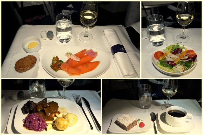 機内食は洋食をチョイス。<br />前菜のスモークサーモン、美味しかった！<br />牛肉の煮込みはまぁまあ。<br />デザートのケーキは、ドイツのクリスマスのお菓子”シュトーレン”。<br /><br />なぜか照明を明るくしてくれなくて、暗い中で食べました…。