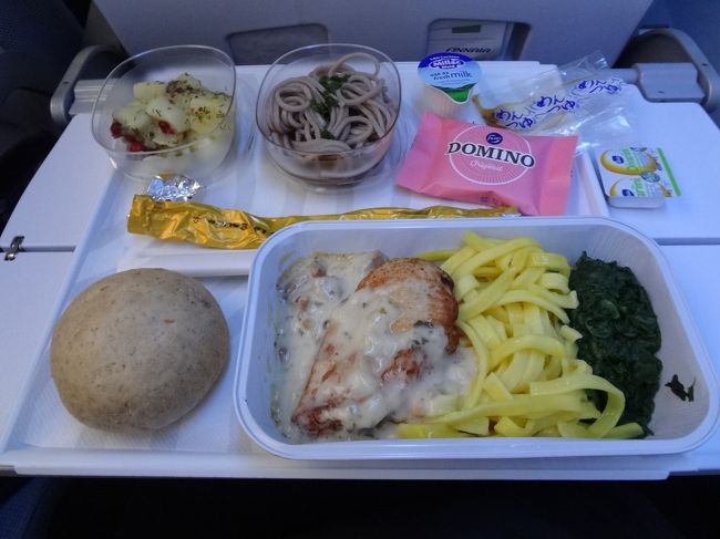 最初の機内食。<br />パスタにお蕎麦って、すごい取り合わせ。<br /><br />機内では誘惑に勝てず、『翔んで埼玉』を見てしまいました。<br />その後途切れ途切れに居眠り。