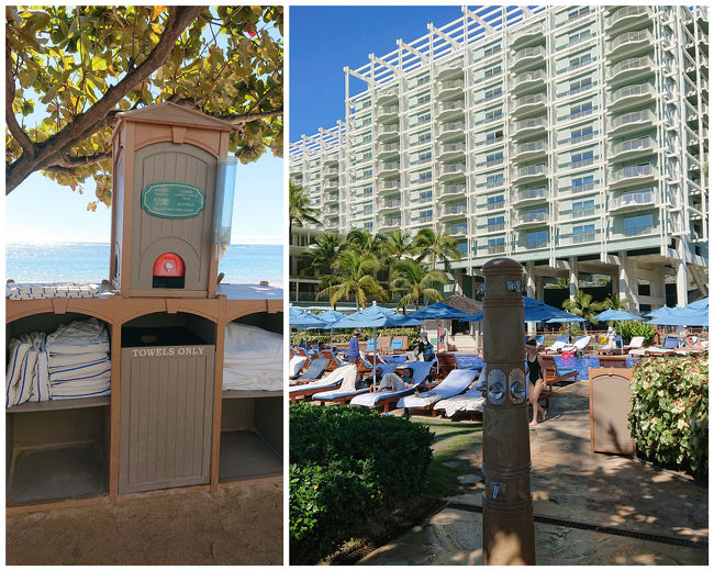 ホテルのプールには使い放題と思われるタオルの棚がありました。