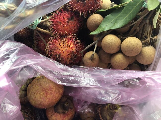 ドンパ市場入口にて　一束または１㎏？<br />上の左　ランブータン　　40000（200）<br />　　右　ロンガン　　　　40000（200）<br />下　　　マンゴスチン　 100000（500）