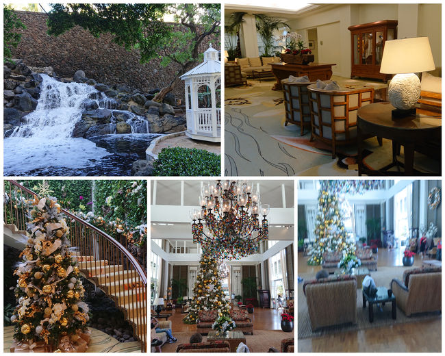 広いフロントにはツリーがが飾ってあります。豪華なシャンデリアもソファーも素敵です。庭には滝と白いあずまやが素敵。