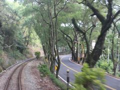 緑のトンネルというところ。
道路と並行して線路も木々の中を走る場所です。