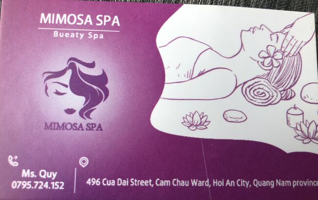 　Ｇおすすめのホイアンのスパ　MIMOSA<br />　全身マッサージ90分フェイシャル45分マニュキュア・ペデュキュア45分<br />往復タクシーでの送迎付き、チップ込で800000（4000）<br />