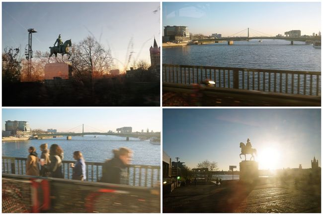 おや、馬に乗った騎士像がある。<br />ドイツ皇帝のヴィルヘルム2世（1859年1月27日～1941年6月4日）の像でした。<br /><br />像を見てすぐ、ライン川を渡ります。<br />心躍りながら写真を撮っていたら、電車のすぐ近くを人が歩いているのにビックリ！<br /><br />橋を渡り終えた所にも騎士像。<br />こちらは、ヴィルヘルム1世（1797年3月22日 ～1888年3月9日）。<br /><br />ヴィルヘルム2世の像から橋を隔てて、ヴィルヘルム3世（1770年8月3日～1840年6月7日）の騎士像もあるようです。