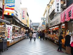 【　川崎大師参道（仲見世）　】

　東京ドームを後にしたバスは、あっという間に神奈川県に入り、川崎大師の初詣に向かいます。
　初詣とはいっても今日はもう１５日、それに平日、さっきまで雨が降っていたことなどが重なってか、人出はそれほどでもありません。

　これだけ空いていると、左右の店からの呼び込みが私に直接向けられているように感じられ、思わず足早になってしまいます。
　