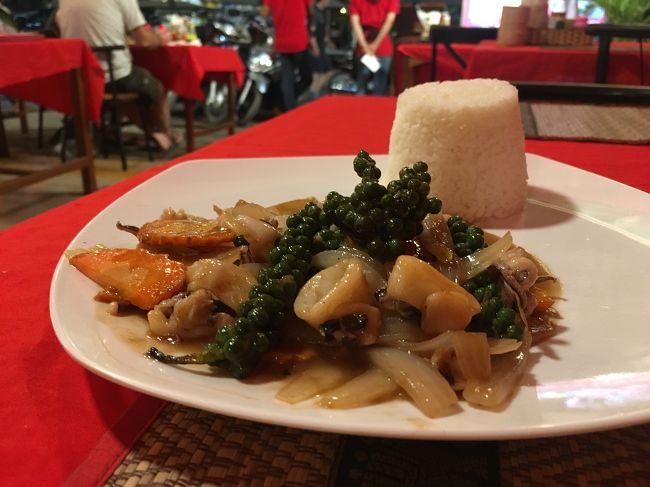 1食目は 生コショウとイカの炒め物。<br />生胡椒 は初体験。噛むとピリ辛でビールに合うねー