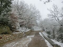 カストラキ村にもっとも近いアギオス・ニコラオス修道院 St. Nicholas Anapavsa まで降りてきました。
この頃、だいぶん風が収まって来ていて、奇岩の上の修道院まで上る気力回復！！
アギオス・ニコラオス修道院に続く道は車でも通れそうな広い道が設けられてました。
昔はこんなのなかったんだもんね。
よくぞ、奇岩の上に修道院を造ったもんだなぁと思いながら、一歩一歩踏むしめながら上ってました。