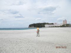 白浜町に戻り、白浜ビーチに行く。ほんとに見事にサラサラな白だ。
延長６２０ｍの遠浅の浜。砂の成分は９０％の珪酸を含む石英砂。