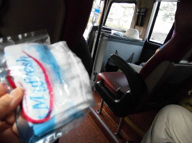 １７：３５<br />バスで夕食に向かいます。<br />おしぼりが配られた。年寄は開け方わからん<br />パンとたたくそう　一斉にパンパン音がする。<br />冷たいおしぼりうれしい！<br />冷たい水も飲み放題でした。