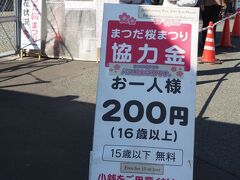 JR御殿場線松田駅北口ロータリーのシャトルバス乗り場

昨年から、まつだ桜まつり協力金200円をお願いされています。
河津桜は「４～５分咲き」のようです。

シャトルバスは9:30～17:00まで30分ごとの運行。
この日は、まだりよいうしゃも少ないことから臨時便の増発はなく、
10:30まで待たされました。
