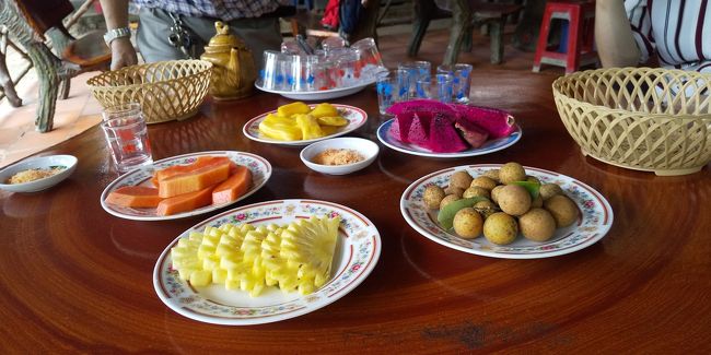 次はフルーツのお味見。パイナップル、パパイヤ、竜眼、実が赤いドラゴンフルーツ、ドリアンに似た食べ物（名前、忘れましたジャックフルーツ？）