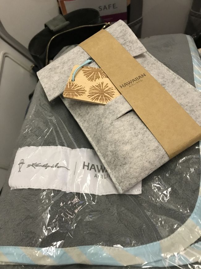 エクストラ・コンフォートだけのアメニティグッズ。<br />最近リニューアルしたようで…<br />前のハイビスカスの方がかわいかった…ﾎﾞｿｯ<br /><br />膝掛けは、デルタより厚手で保温性がよかった(笑)