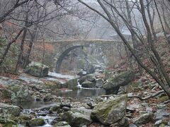 湿気を含んだ空気が霞がかっており、神秘的な雰囲気
参道にある石橋は有名で、パンフレットの写真にも使われています