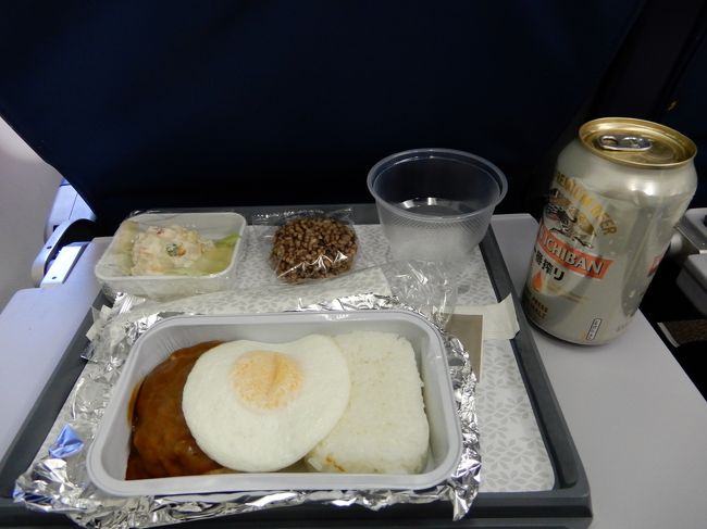 機内食は<br />ハワイアン航空のいつものロコモコ