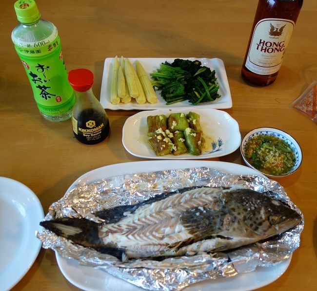 3月1日　　肉を食べることが続いたので魚が恋しくなりmakroに行きクエ（アラ）約500Bを買って銀紙で包んで炭火焼をしてみました。<br />さすが高級魚．．．タイでは1Kg450Bほどなので日本よりもかなり安いのかな？<br />焼きナスビ　茹でほうれん草　カオポート...トウモロコシの小型？