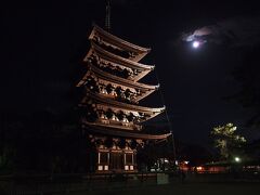 20：15　連れも私も、あまりお酒を飲まないので、夕食は早く終わります。
今夜もまだ寝るには早いので、夜の散歩に出かけてみました。

ホテルのすぐ隣の興福寺、五重塔はライトアップされてます。
翌日の日中に訪れましたが、夜間ライトアップの方が建物の細部までよく見えるのです。