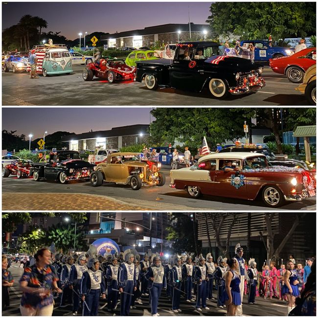 4日目マラソンの前日ワイキキ通りは真珠湾襲撃追悼パレードで盛り上がります。