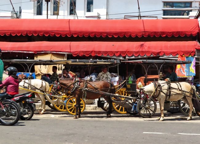 ベチャのほかに馬車もたくさんいて<br />観光客だけぢゃなく地元の人たちも買い物に使っています。