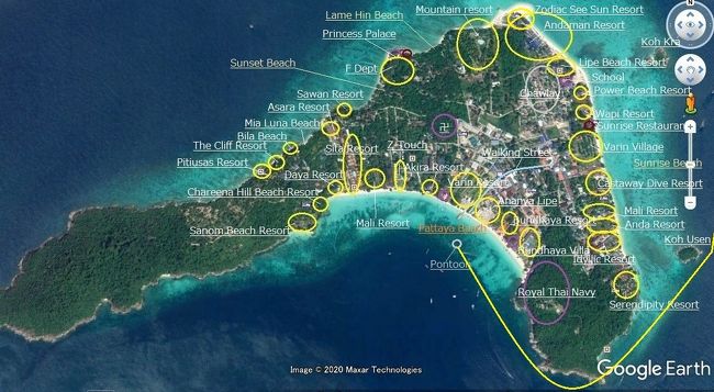 ☆Koh Lipe Map (２０２０年版)<br /><br />※Google Earthに加筆<br /><br />今回（２０２０年）訪れ歩いて確認した<br />主なリゾートホテルや公共施設などを書き込みました。