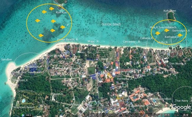 ☆Koh Lipe Sunrise Beach Map (２０２０年版)<br /><br />＋Snorkeling Spot <br /><br />※Google Earthに加筆<br /><br />(注)サンライズビーチ全部が収まるように<br />南北を半回転させました。左が北、右が南