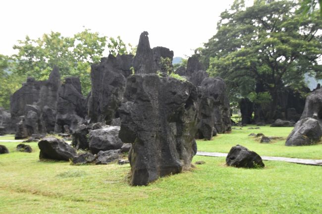 近代オブジェのように黒い岩が多数配置されている。