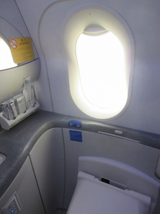 機内のラバトリーに、窓がありました。アメニティもマウスウォッシュ、歯磨きなどがありました。