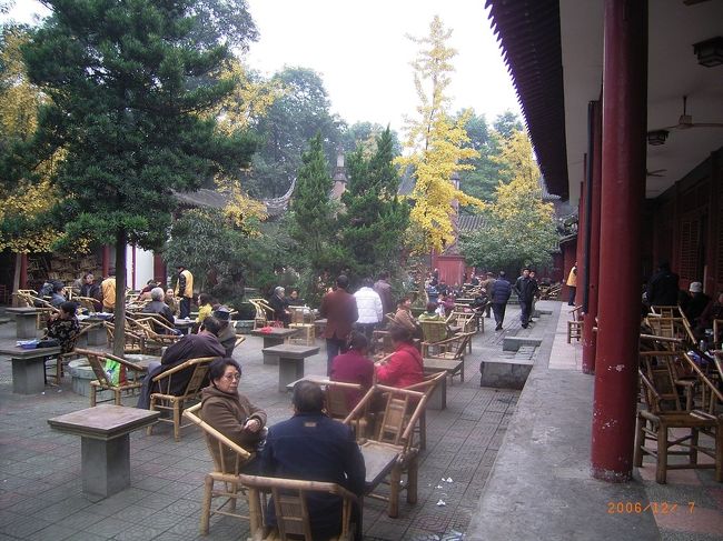 千仏和平塔の東に成都では当然ながらの茶園（茶座）があります。茶は５元（2006年現在）からです。麻雀好きの成都人ですが、ここでは麻雀をする人は見かけませんでした。これは机が狭いためかも知れません。なお、本院のトイレは大の方が中国式ですが、すべてTOTO製のを使用しており、もちろん個室でレベルの高いものです。この点からも、成都市が国際的な観光都市を目指していることがうかがえます。