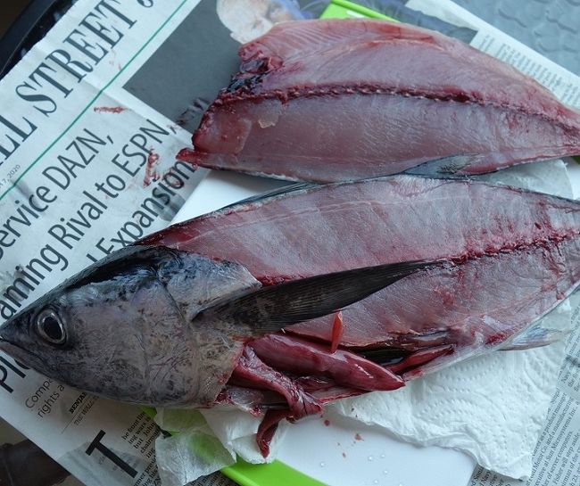 15：27　　ホテルに帰りメーバーンがカツオを3枚におろしています。（まな板、包丁、醤油、ワサビ持参）