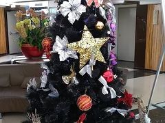 ホテルのロビーには、クリスマスツリー。
フロントの方も、サンタ帽やトナカイの飾りをつけてました。